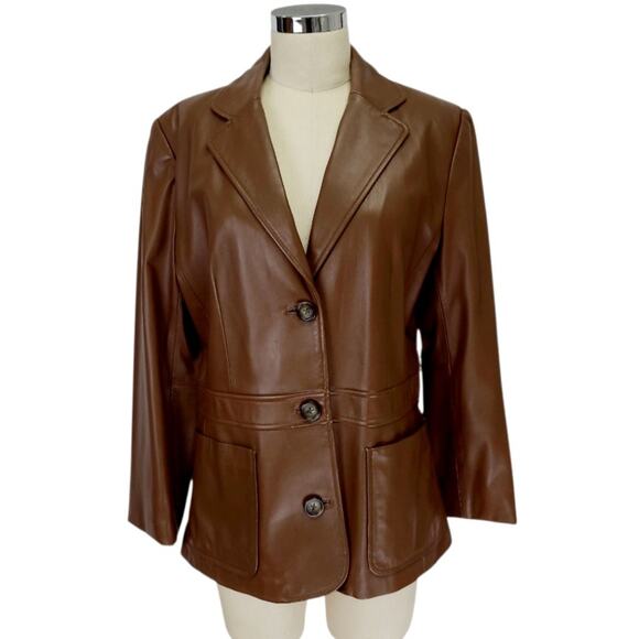 Valerie Stevens Lamb Leather Single Breasted Blazer M Brown Center Vent Tailored - Picture 1 of 10